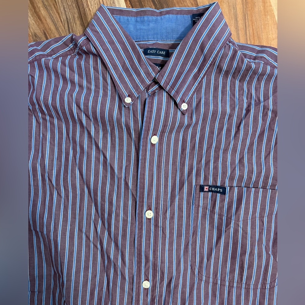 Chaps Men's Brown and Blue Striped Button Down Shirt